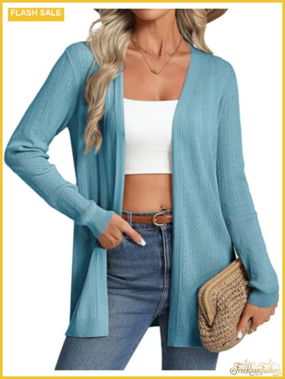 Lightweight Open Front Crochet Cardigan Long Sleeve